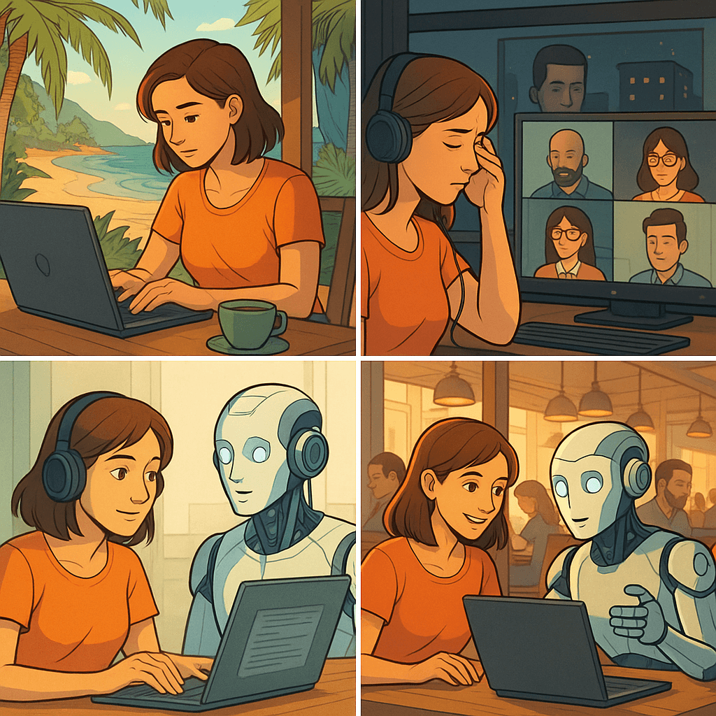 첫 번째 컷: 열대 해변이 보이는 창가에서 노트북으로 일하고 있는 여성 디지털 노마드의 모습.

두 번째 컷: 야간 화상회의에 참가 중인 여성이 피곤한 표정으로 헤드셋을 쓰고 회의에 집중하고 있음.

세 번째 컷: AI 로봇과 나란히 앉아 대화하며 노트북을 바라보는 여성.

네 번째 컷: 북적이는 카페에서 AI 로봇과 협업하며 즐겁게 작업 중인 여성.