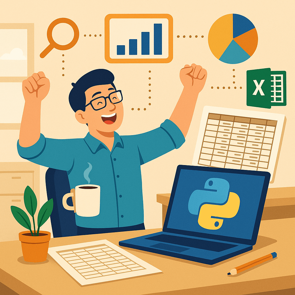 파이썬 로고가 보이는 노트북 앞에서 두 팔을 번쩍 들며 기뻐하는 안경 낀 남성이 앉아 있고, 책상 위에는 엑셀 문서, 커피잔, 화분이 있으며, 배경에는 자동화와 데이터를 상징하는 아이콘들이 떠 있는 사무실 풍경 일러스트.









