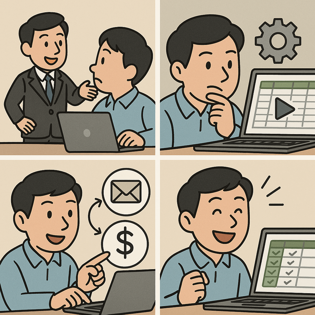 a cartoon of a man using a laptop