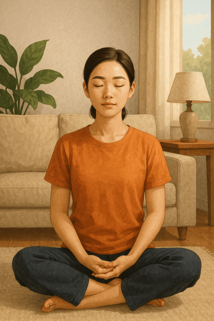 "하루의 마음챙김 명상을 실천 중인 젊은 동아시아 여성. 그녀는 오렌지색 티셔츠를 입고 조용한 거실에서 양반다리로 앉아 눈을 감고 있습니다. 뒤에는 크림색 소파, 화분, 나무 사이드 테이블, 스탠드 조명, 햇살이 비치는 창문이 어우러져 차분한 분위기를 자아냅니다."