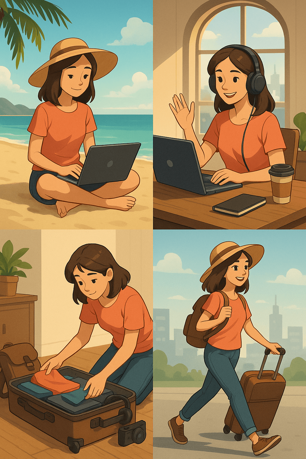 a collage of a woman with a laptop and a suitcase