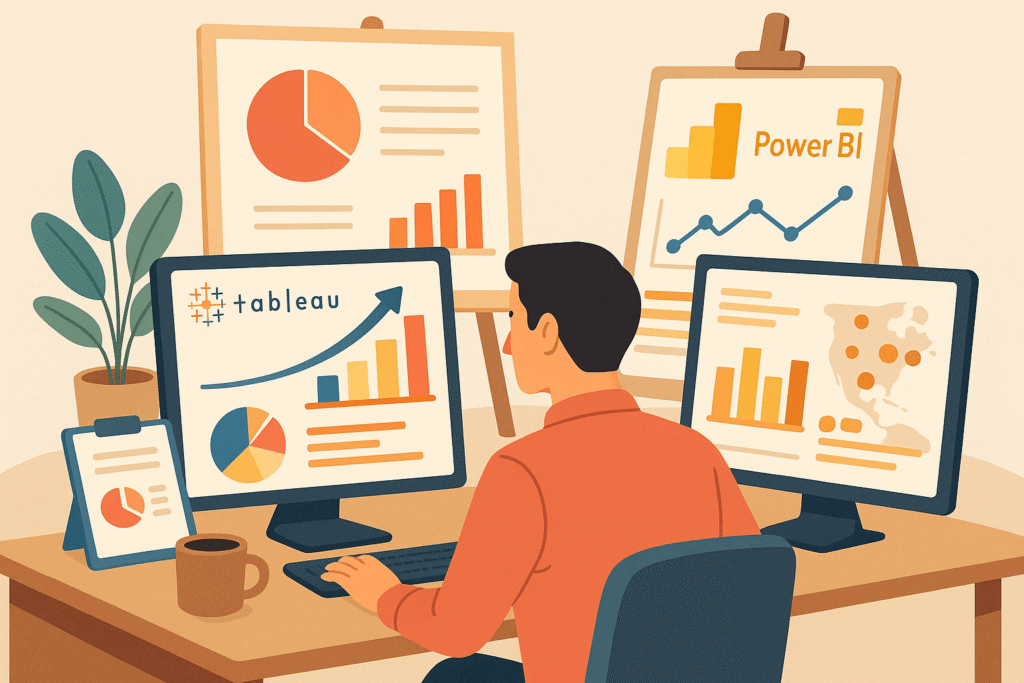 이미지에는 한 명의 데이터 분석가가 책상에 앉아 두 개의 모니터를 보며 Tableau와 Power BI를 활용해 다양한 시각화 차트를 생성하는 장면이 묘사되어 있습니다. 모니터에는 막대그래프, 원형 차트, 지도 기반 시각화 등이 표시되어 있으며, 책상 위에는 커피잔, 화분, 클립보드 등이 놓여 있어 따뜻하고 실용적인 작업 환경을 연출합니다. 분석가는 정면을 향하고 있으며, 배경에는 태블로와 파워BI 로고가 포함된 프레젠테이션 보드도 함께 배치되어 있어 데이터 시각화 학습이나 실무 환경을 상징합니다.









