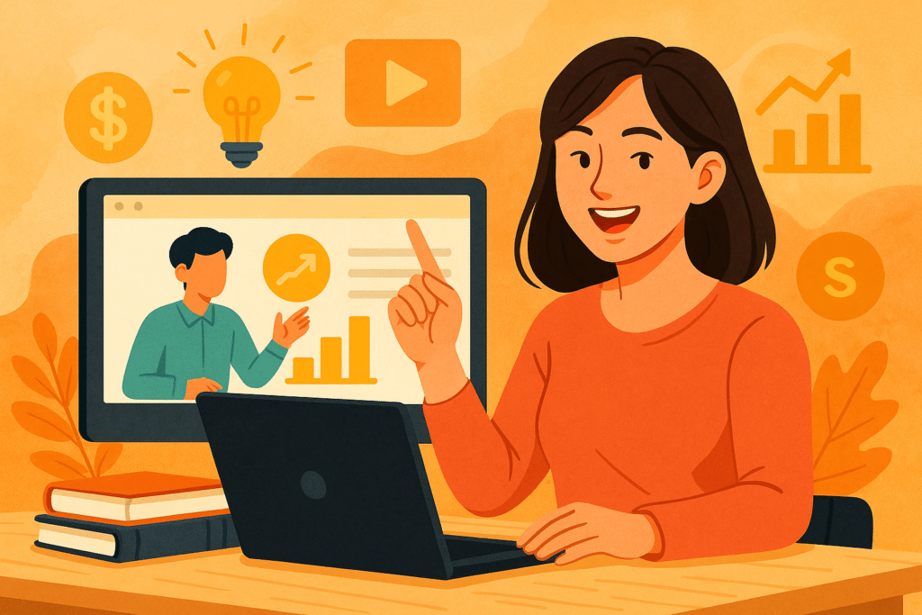 온라인 강의를 진행하는 젊은 아시아 여성 강사가 노트북 앞에서 미소를 지으며 손짓하고 있으며, 화면에는 교육 그래픽과 재정 관련 아이콘들이 나타나 있음