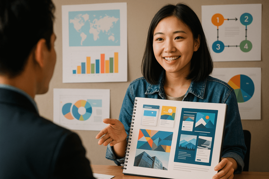 젊은 동아시아 여성은 밝은 사무실에서 포트폴리오를 들고 미소를 지으며 누군가에게 해외 유학에 대해 설명하고 있다. 그녀는 데님 재킷과 베이지색 스웨터를 입고 있으며, 포트폴리오 안에는 시각 디자인 작업물이 깔끔하게 배열되어 있다. 배경 벽에는 다양한 차트와 그래프가 붙어 있어 전문적인 분위기를 더한다