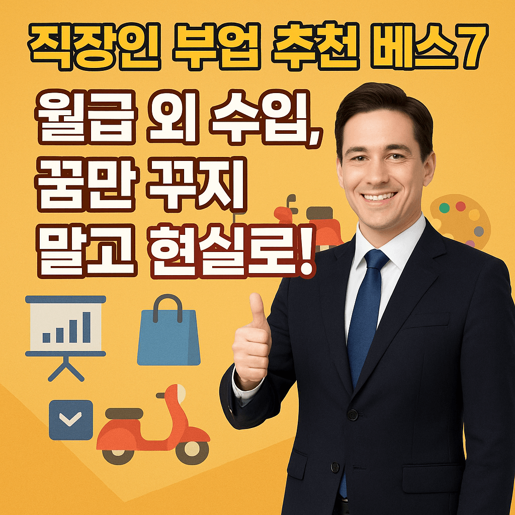 "정장을 입은 남성이 엄지척을 하며 미소 짓고 있고, 배경에는 그래프, 쇼핑백, 오토바이, 팔레트 아이콘이 있는 노란색 배경과 함께 '직장인 부업 추천 베스트 7 - 월급 외 수입, 꿈만 꾸지 말고 현실로!'라는 문구가 강조되어 있음"
