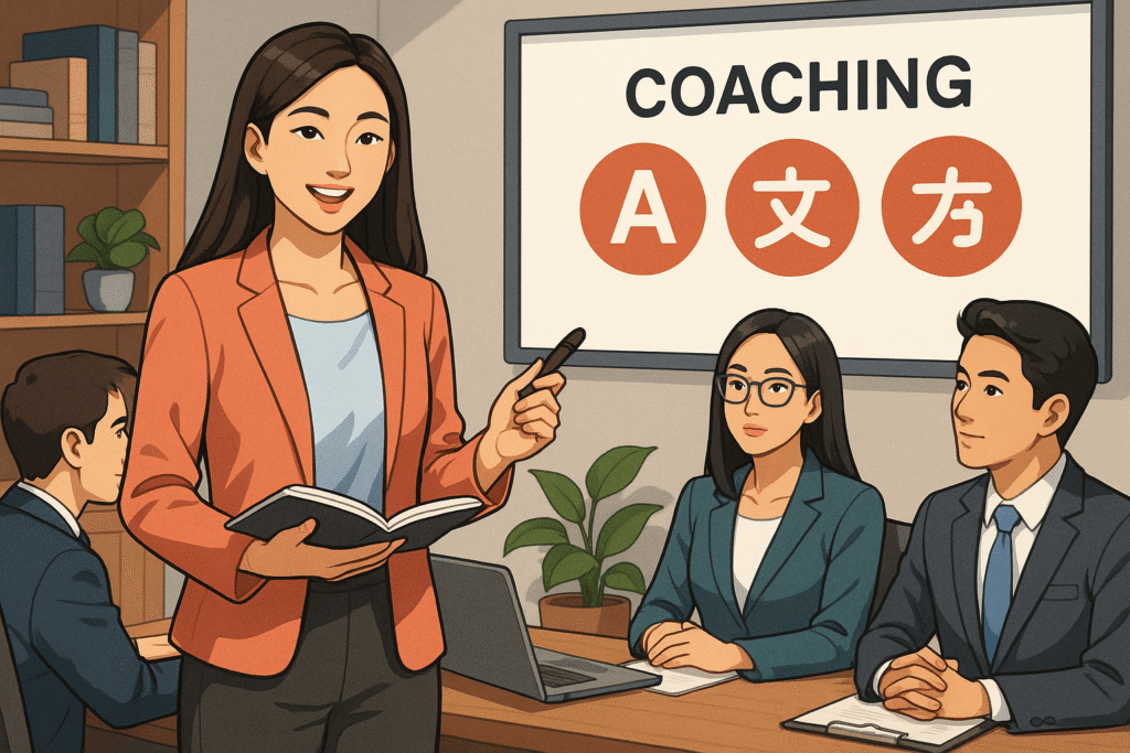 비즈니스 외국어 코칭 세션에서 자신감 있게 발표 중인 동아시아 여성 강사와 집중하는 참가자들 – IT, 금융, 의료 산업에 특화된 실무형 외국어 학습을 상징하는 따뜻한 분위기의 회의실 장면.









