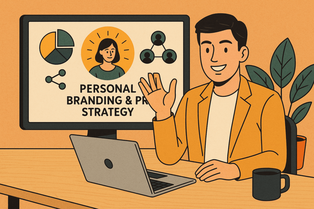 개인 브랜드 전략을 설명하는 남성이 노란색 재킷을 입고 책상에 앉아 컴퓨터 화면을 가리키고 있다. 화면에는 차트, 아이콘, 여성 일러스트와 함께 "Personal Branding & PR Strategy"라는 문구가 표시되어 있다. 책상 위에는 노트북, 커피잔, 화분이 놓여 있고 배경은 따뜻한 톤의 일러스트 스타일이다.









