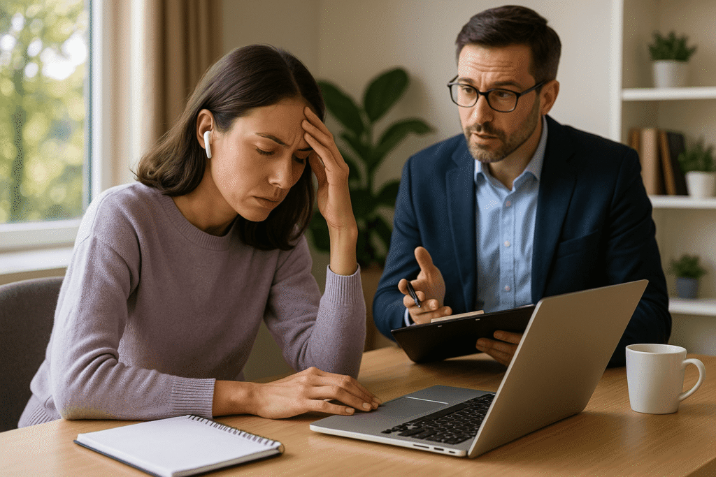 30대 여성 직장인이 재택근무 중 집중이 잘 되지 않아 이마를 짚고 고민하는 모습. 옆에서는 정장을 입은 컨설턴트가 진지하게 조언을 건네고 있으며, 배경에는 따뜻한 햇살이 드는 창문과 식물이 있는 아늑한 홈오피스가 보인다.









