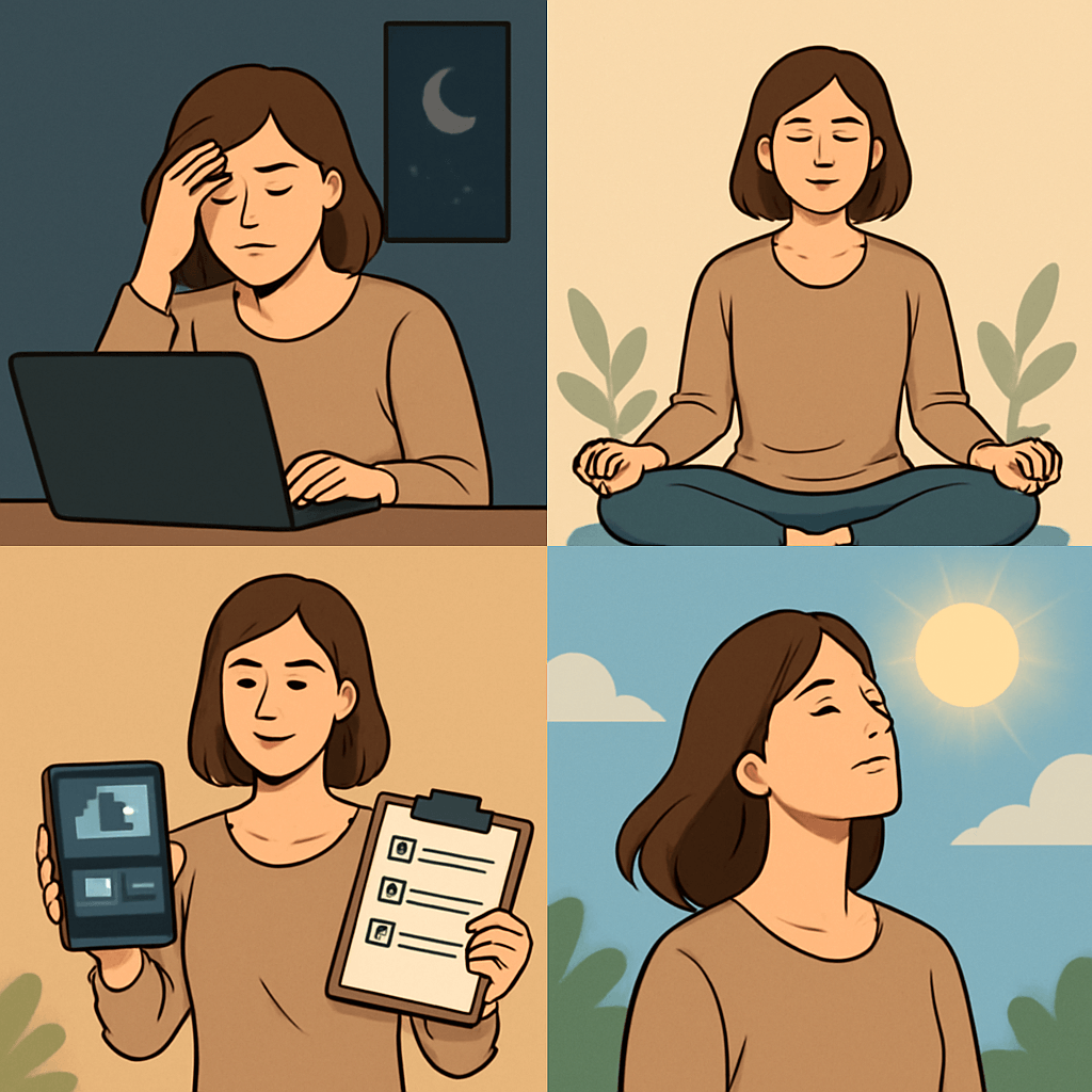 1컷: 밤에 컴퓨터 앞에서 피곤한 얼굴로 이마를 짚고 있는 디지털 노마드 여성.
2컷: 아침 햇살 아래 명상 자세로 눈을 감고 평화롭게 앉아 있는 여성.
3컷: 한 손에는 명상 앱이 보이는 스마트폰을, 다른 손에는 체크리스트를 들고 있는 여성.
4컷: 햇볕 아래 눈을 감고 얼굴을 들어 빛을 맞는 여성.