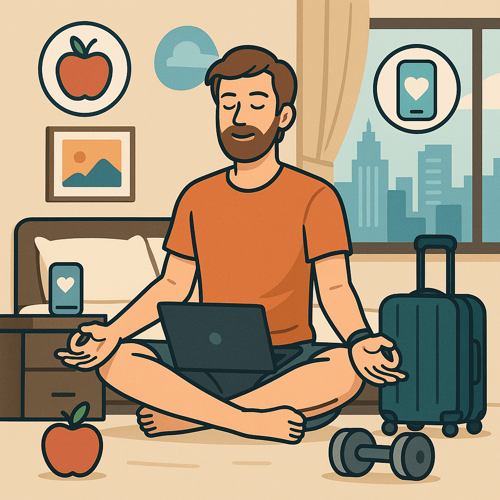 a man sitting in a room with a laptop and luggage