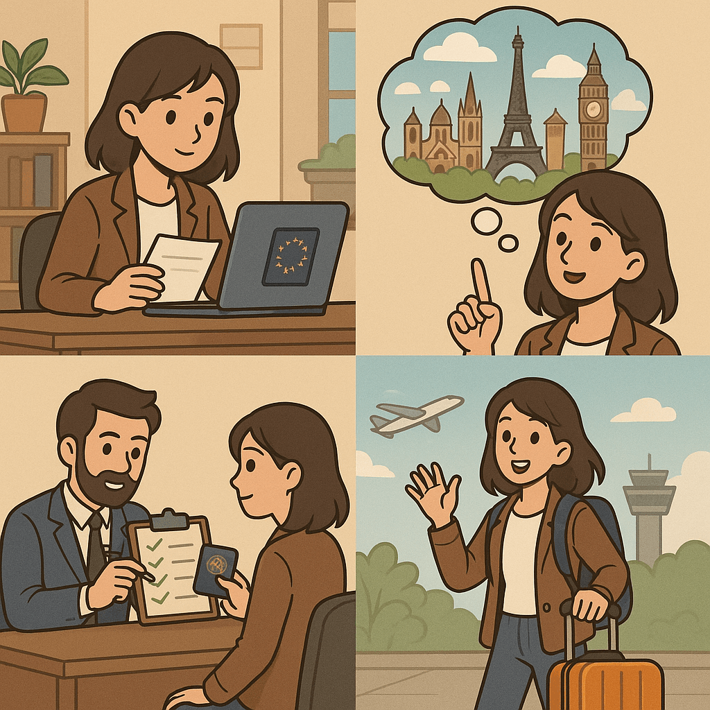 유럽 디지털 노마드 비자, A to Z 완벽 가이드 (신청 절차, 서류, 꿀팁 총정리) 1 디지털 노마드 여성이 유럽 비자 신청을 준비하며 단계별로 진행하는 장면.
1컷: 여성이 노트북으로 유럽 비자 정보를 검색하는 모습.
2컷: 유럽의 랜드마크들을 떠올리며 미소 짓는 상상 장면.
3컷: 정장을 입은 남성과 인터뷰하며 비자 승인 체크리스트를 확인 중.
4컷: 여행 가방과 배낭을 든 채 공항에서 떠나는 여성.