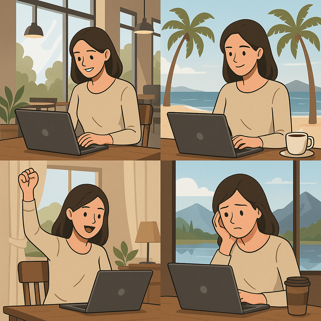 a collage of a woman using a laptop