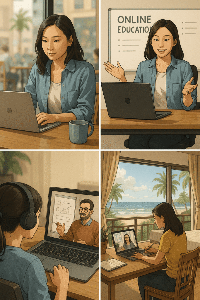 1컷: 노트북으로 작업 중인 동양계 여성 디지털 노마드가 카페에서 진지하게 화면을 응시하고 있다.
2컷: 여성 강사가 온라인 강의를 진행하며 손짓으로 설명하고 있다.
3컷: 헤드셋을 낀 수강생이 남성 강사의 온라인 수업을 집중해서 듣고 있다.
4컷: 해변이 보이는 호텔 테라스에서 여성 디지털 노마드가 온라인 미팅에 참여하며 메모를 하고 있다.