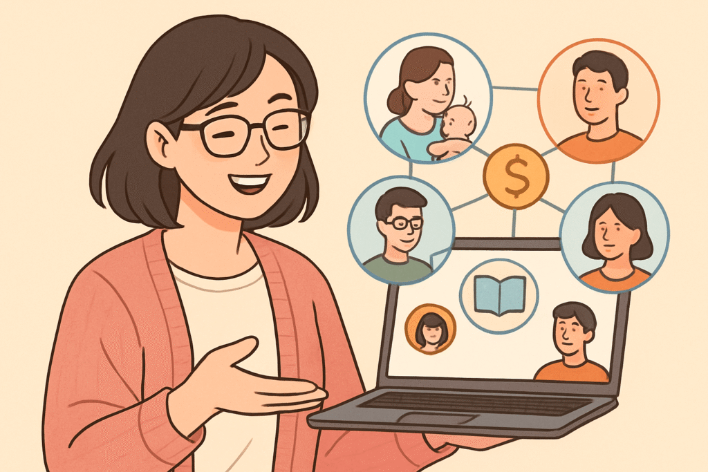 노트북을 들고 미소 짓는 안경 낀 젊은 동양인 여성이 화면 속 온라인 커뮤니티 사람들과 관심사를 연결하는 모습을 보여주는 디지털 일러스트. 화면에는 육아, 독서, 재테크를 상징하는 아이콘과 함께 다양한 사람들의 얼굴이 원형으로 배치되어 있다.









