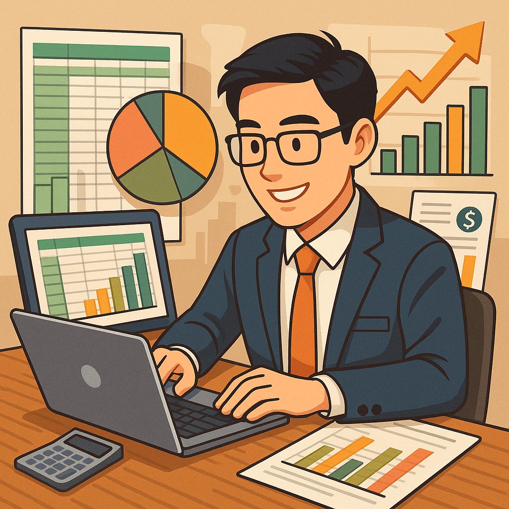 고급 재무 데이터를 분석 중인 젊은 동양인 남성이 정장 차림으로 사무실에서 노트북으로 구글 시트 사용하고 있으며, 주변에는 원형 차트, 막대 그래프, 스프레드시트 등이 정리되어 있는 모습.









