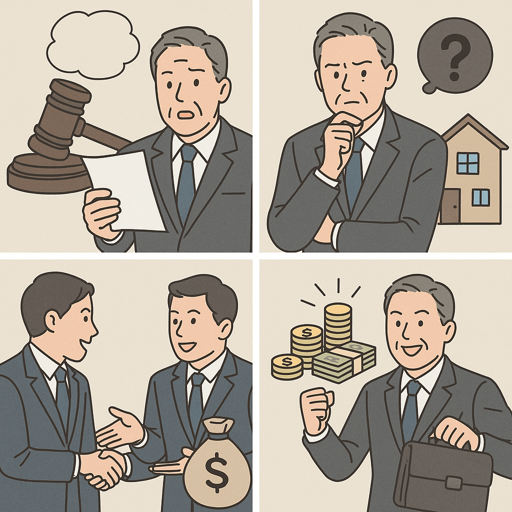 1컷 – 고액 자산가 중년 남성이 판결문을 들고 놀란 표정으로 판사 망치 앞에 서 있음.
2컷 – 남성이 집과 물음표 아이콘을 배경으로 심각한 표정으로 고민함.
3컷 – 재정 전문가와 악수하며 상담 중인 남성, 옆에 돈 자루가 놓여 있음. 
4컷 – 남성이 서류가방을 들고 환하게 웃으며 돈다발과 금화 앞에서 주먹을 쥐고 있음.
