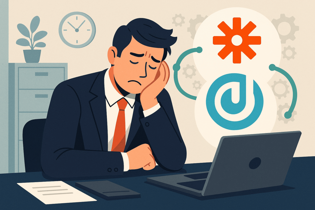 "정장을 입은 직장인이 책상 앞에서 지친 표정으로 턱을 괴고 앉아 있고, 그의 뒤로는 자동화 툴인 재피어(Zapier)와 메이크(Make)의 로고가 기어 아이콘과 함께 연결된 형태로 떠 있는 장면. 반복 업무에 지친 직장인의 현실과 자동화 도구의 가능성을 상징적으로 표현함."







