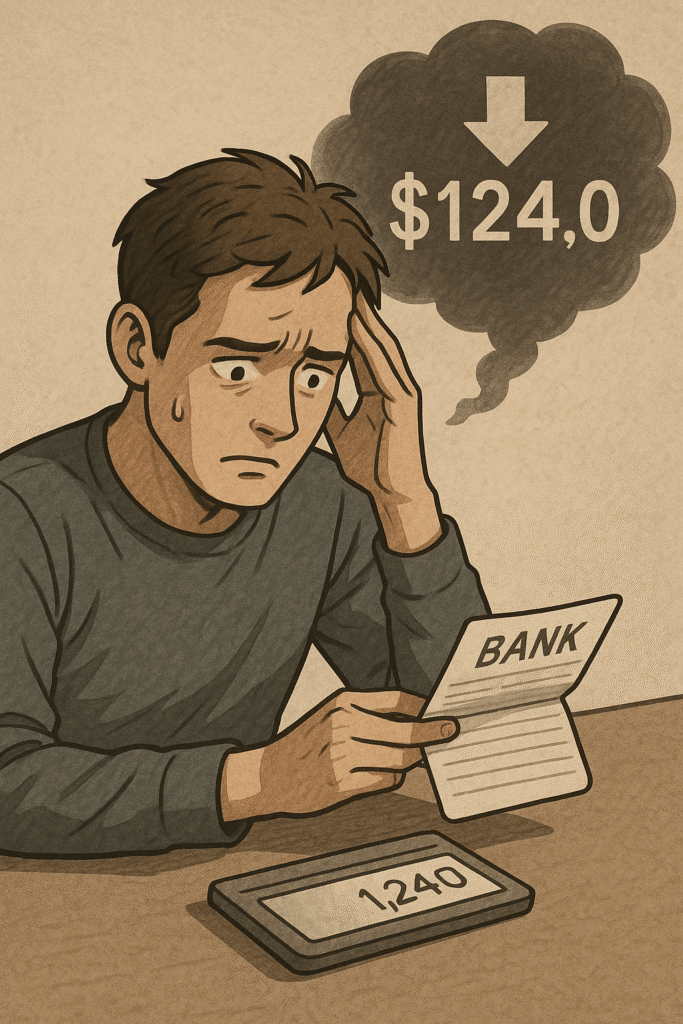 "걱정스러운 표정으로 은행 명세서를 들여다보며 좌절하는 남성, 화면에는 잔고 감소를 나타내는 숫자와 하락 화살표가 함께 표시됨"