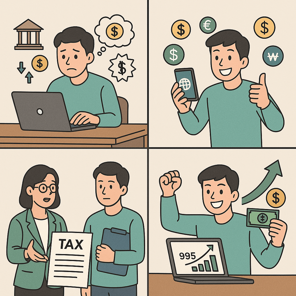 1컷: 노트북 앞에서 걱정하는 프리랜서 남성이 은행 수수료를 고민하고 있다.
2컷: 글로벌 송금 앱을 보고 엄지를 치켜든 남성, 주변엔 달러, 유로, 원화 심볼이 떠 있다.
3컷: 세무사가 'TAX' 문서를 들고 프리랜서에게 설명하고 있다.
4컷: 환하게 웃으며 수익 그래프가 오른 노트북 앞에서 현금을 들고 있는 프리랜서.