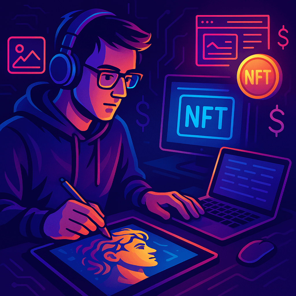 디지털 아트, 아티스트가 NFT를 만들기 위해 그래픽 태블릿과 노트북을 사용하는 장면, 네온 조명과 현대적인 작업 환경으로 표현됨
