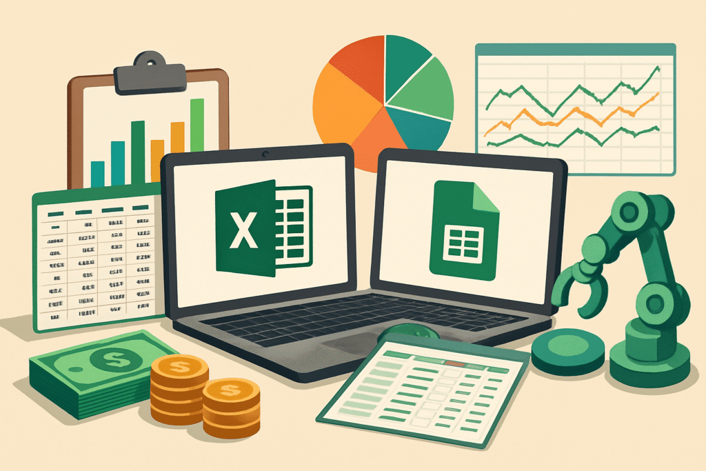 엑셀과 구글 시트 로고가 각각 표시된 노트북 화면 앞에 재무 차트, 파이 차트, 자동화 로봇 팔, 금화, 지폐, 데이터 표 등이 배치되어 있어 스프레드시트를 활용한 재무 관리와 자동화를 상징적으로 표현한 디지털 일러스트.









