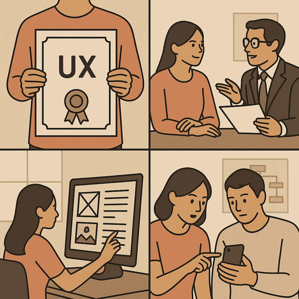 UX 자격증을 들고 있는 사람, 면접에서 UX 관련 설명을 듣는 장면, 컴퓨터로 와이어프레임을 작업하는 장면, 사용성을 테스트하며 스마트폰 화면을 함께 보는 두 사람.




