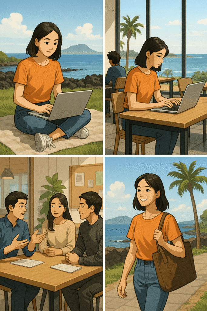 제주도 디지털 노마드를 표현한 이미지. 바닷가에 앉아 노트북으로 일하는 젊은 여성

야자수가 보이는 코워킹스페이스 창가 자리에서 노트북으로 작업하는 모습

제주 창업 공간에서 현지 사람들과 회의 중인 여성

푸른 해안길을 걷는 노마드 여성의 뒷모습, 활기찬 표정