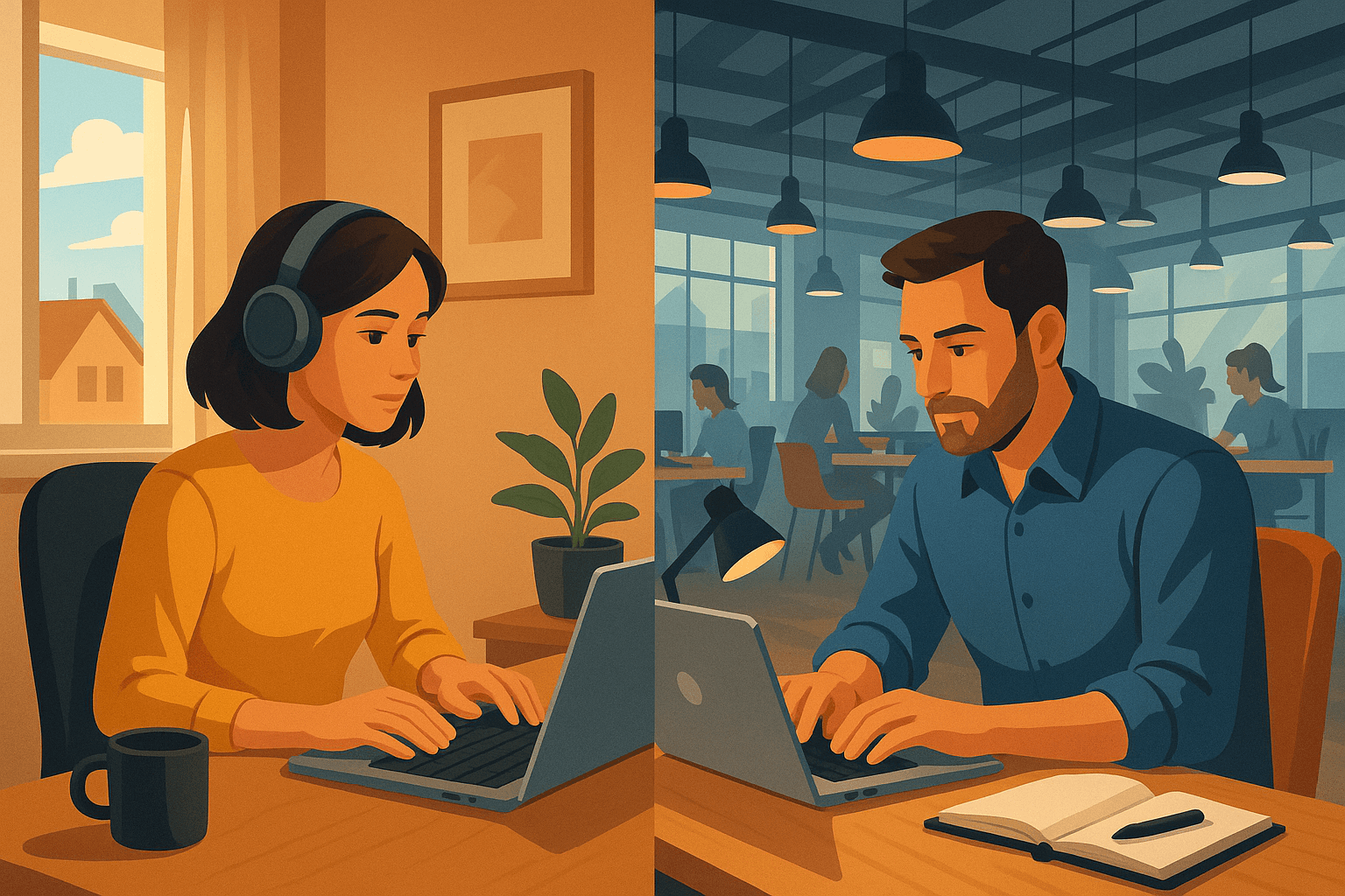 a man and woman sitting at a table using laptops