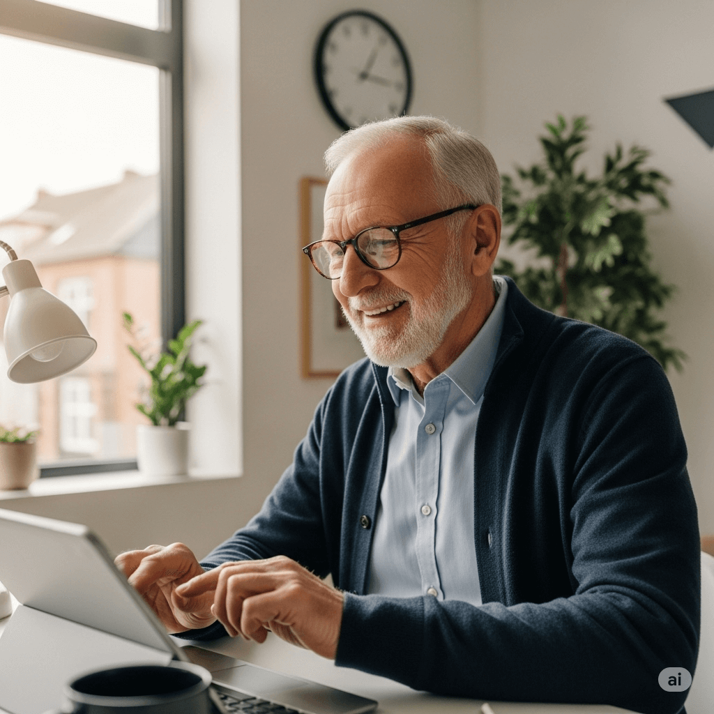 a man sitting at a desk using a laptop