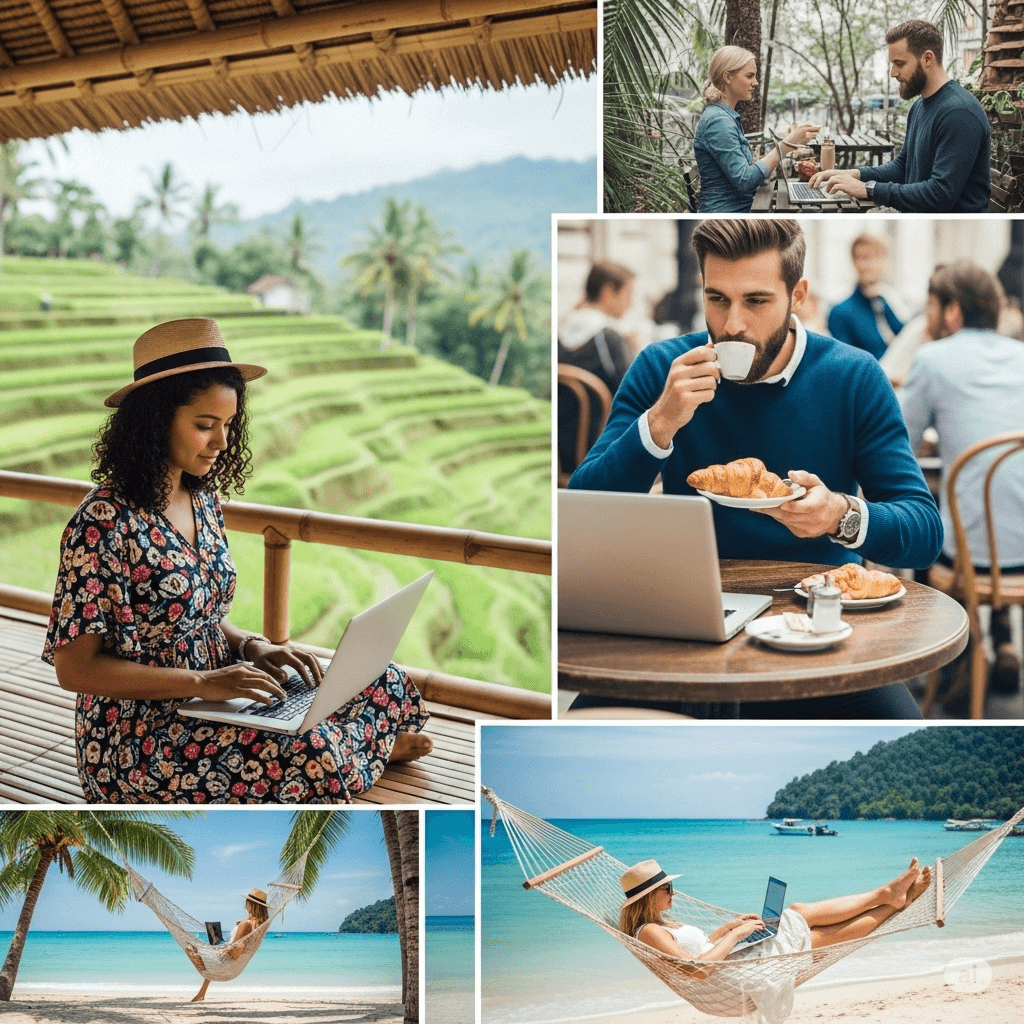 두 디지털 노마드 남성과 여성이 노트북을 들고 활기차게 달리고 있으며, 그 뒤에는 세계 지도가 배경으로 펼쳐져 있다. 하늘에는 비행기가 날아가고, 지도에는 조지아, 몰타, 포르투갈의 위치에 국기 아이콘이 표시되어 있다. 인물들은 자유롭고 긍정적인 표정을 짓고 있으며, 디지털 유목민의 활기찬 이동과 선택을 시각적으로 표현하고 있다.








