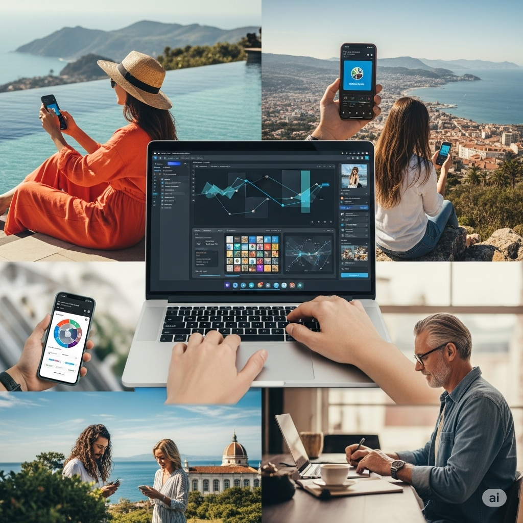 a collage of people using a laptop and a phone
