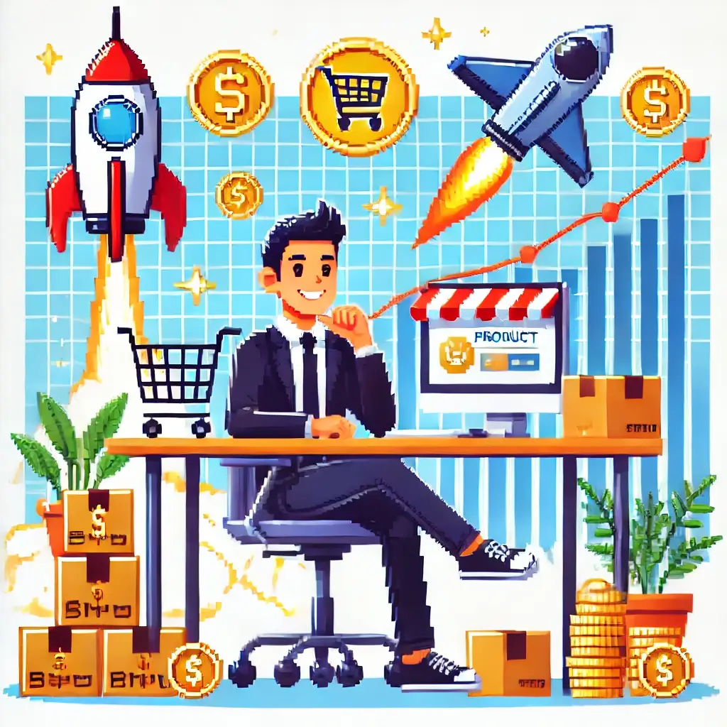 "드랍쉬핑 전자상거래 성공을 상징하는 픽셀아트. 컴퓨터 앞에 앉아 미소 짓는 사람이 있으며, 주변에는 쇼핑카트, 마케팅을 상징하는 로켓, 수익을 의미하는 금화, 드론이 배송하는 상자들이 있고, 배경에는 성장 그래프가 보인다."