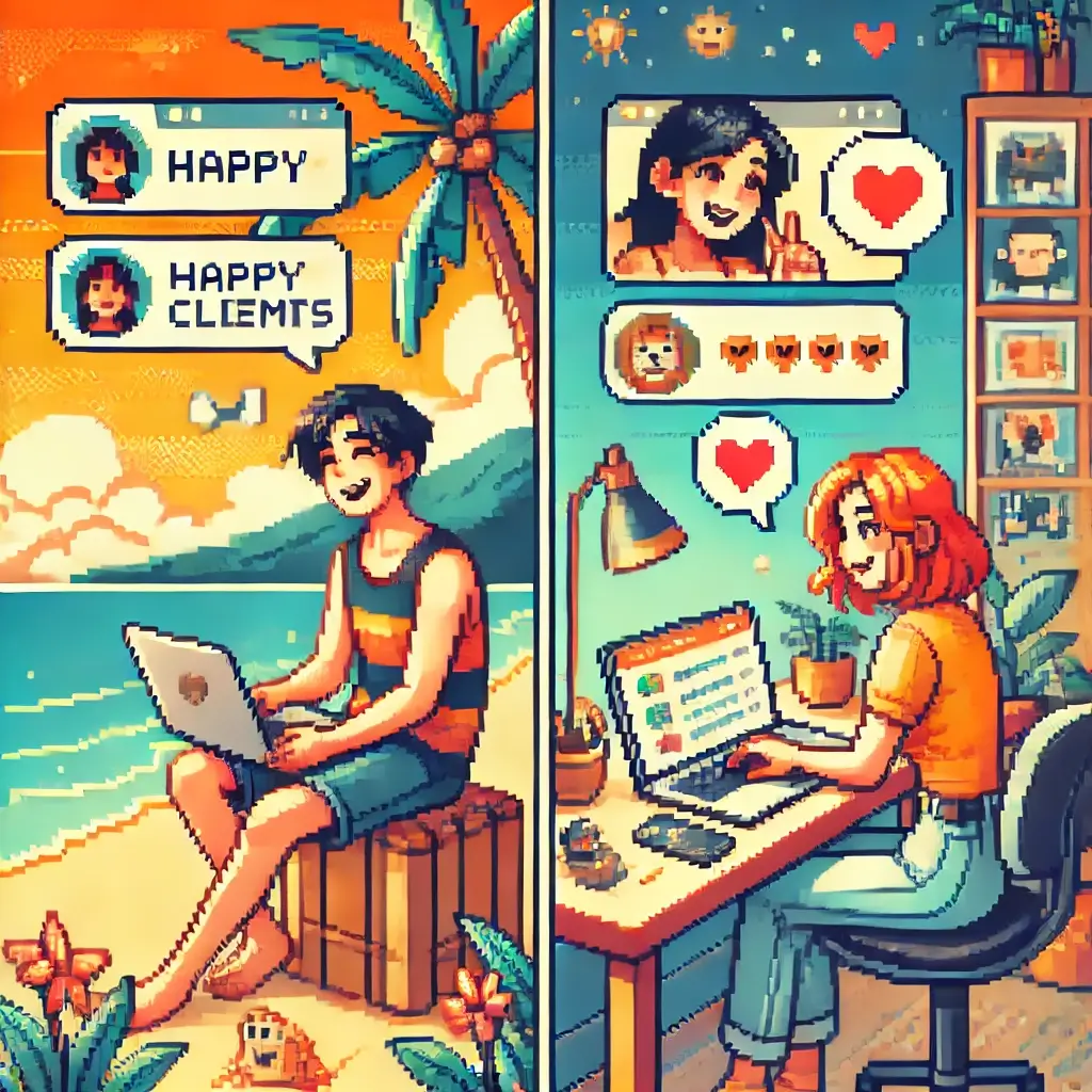 노트북 위에 고객의 긍정적인 메시지가 뜨는 해변의 디지털 노마드를 묘사한 픽셀 아트.