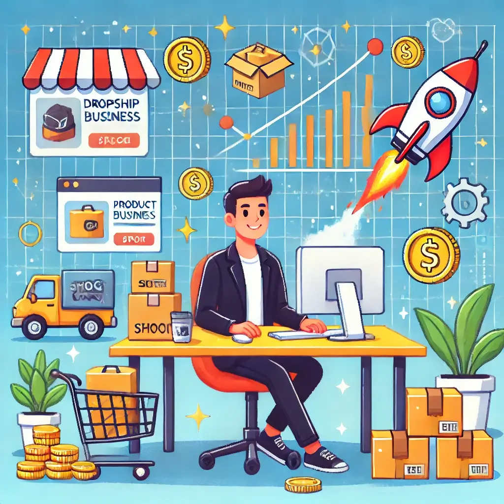 "드랍쉬핑 전자상거래 성공을 상징하는 픽셀아트. 컴퓨터 앞에 앉아 미소 짓는 사람이 있으며, 주변에는 쇼핑카트, 마케팅을 상징하는 로켓, 수익을 의미하는 금화, 드론이 배송하는 상자들이 있고, 배경에는 성장 그래프가 보인다."