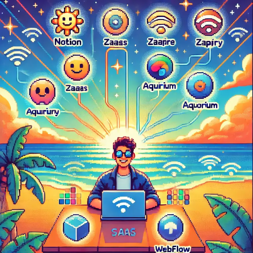 디지털 노마드의 업무 효율 200% 폭발! 기적의 SaaS 자동화 툴 5가지! 2 해변에서 노트북으로 일하는 디지털 노마드가 SaaS 자동화 툴 아이콘에 둘러싸여 있는 픽셀 아트. 툴 아이콘은 선으로 연결되어 있으며, 효율성과 자유를 상징함.