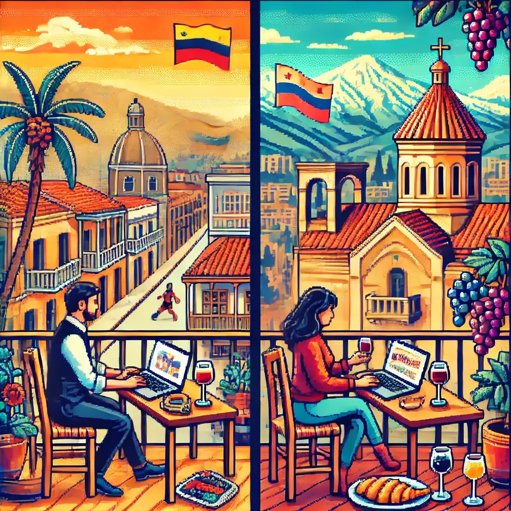 디지털 노마드, 2025년 최고의 허브! 콜롬비아 & 조지아에서 꿈을 이루는 방법! 2 조지아 트빌리시의 테라스에서 노트북으로 일하는 디지털 노마드, 배경에 고풍스러운 건축물, 포도 덩굴, 나리칼라 요새, 와인과 하차푸리가 놓인 테이블이 있는 픽셀 아트 풍경