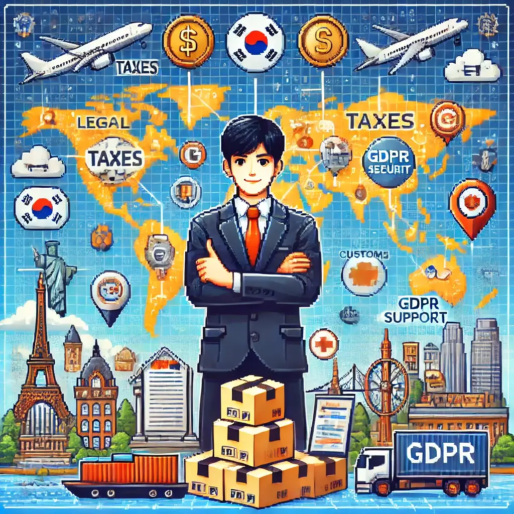 픽셀 아트 스타일의 글로벌 이커머스 장면. 한국 셀러가 디지털 세계지도 앞에 서 있고, 주위에 법률, 세금, 통관, 개인정보보호, 고객지원 아이콘이 배치됨. 배경에는 세계 랜드마크와 비행기, 선박이 보임.