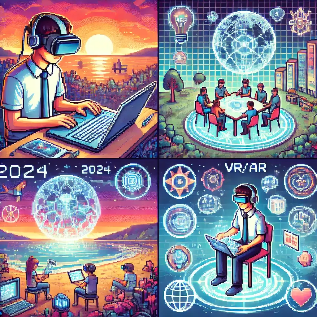 픽셀 아트로 표현된 VR 개발자가 헤드셋을 착용하고 해변에서 노트북으로 코딩하는 모습, 디지털 노마드 라이프스타일과 VR/AR 개발, 유니티, 미래 직업을 상징.