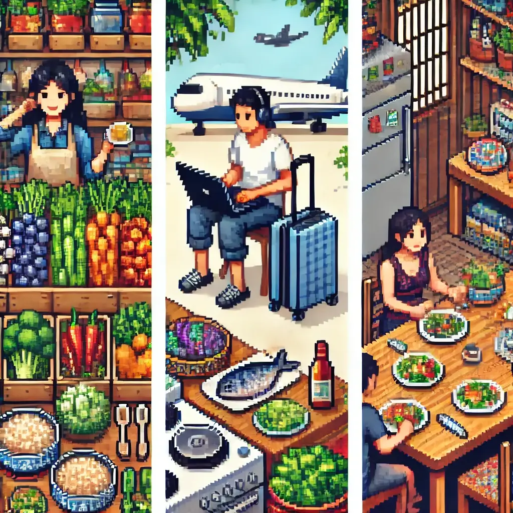 디지털 노마드, 해외에서 건강하고 맛있는 음식 찾는 7가지 미친 비법! 디지털 노마드가 노트북과 함께 현지 시장에서 신선한 과일, 채소, 생선을 탐험하는 픽셀 아트 – 디지털 노마드 지속 가능한 식단.