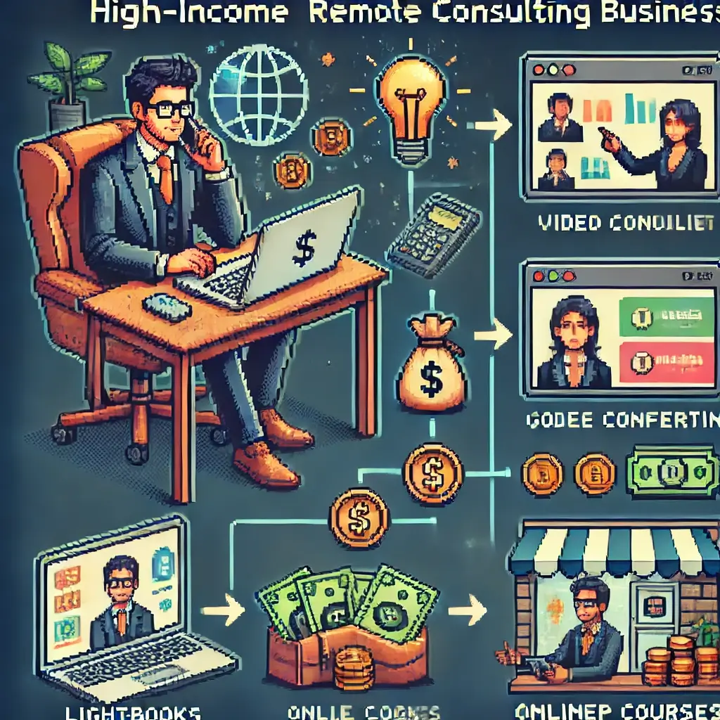 책상 앞에서 노트북으로 글로벌 고객과 화상 상담을 하는 자신감 있는 컨설턴트 픽셀 아트, 배경에 돈 아이콘이 은은하게 떠 있음. 지식 비즈니스