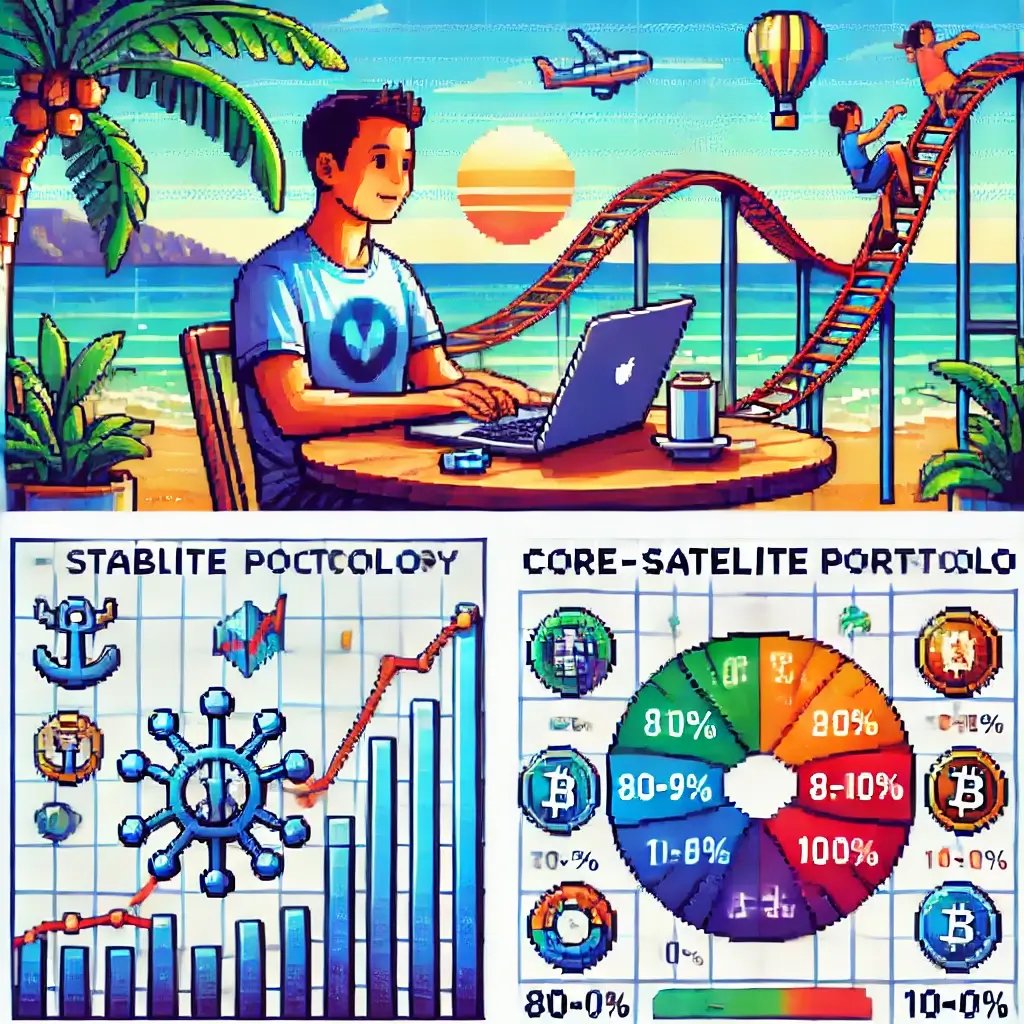 해변 카페에서 노트북을 사용하는 디지털 노마드와 닻 아이콘이 있는 픽셀 아트, 투자 심리 안정성과 장기 투자 상징.