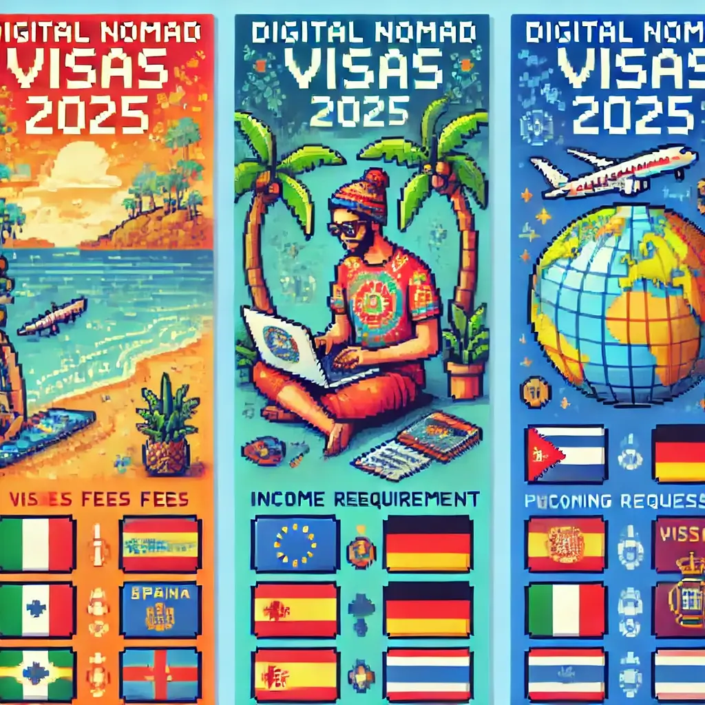 노마드 비자, 이젠 골라 잡자! 수수료, 소득, 속도 싹 다 비교해봤다 (2025 업데이트) 2 열대 해변에서 노트북으로 일하는 디지털 노마드를 그린 픽셀 아트, 야자수와 “Nomad Visa 2025” 문구 포함. 노마드 비자, 이젠 골라 잡자! 수수료, 소득, 속도 싹 다 비교해봤다 (2025 업데이트)