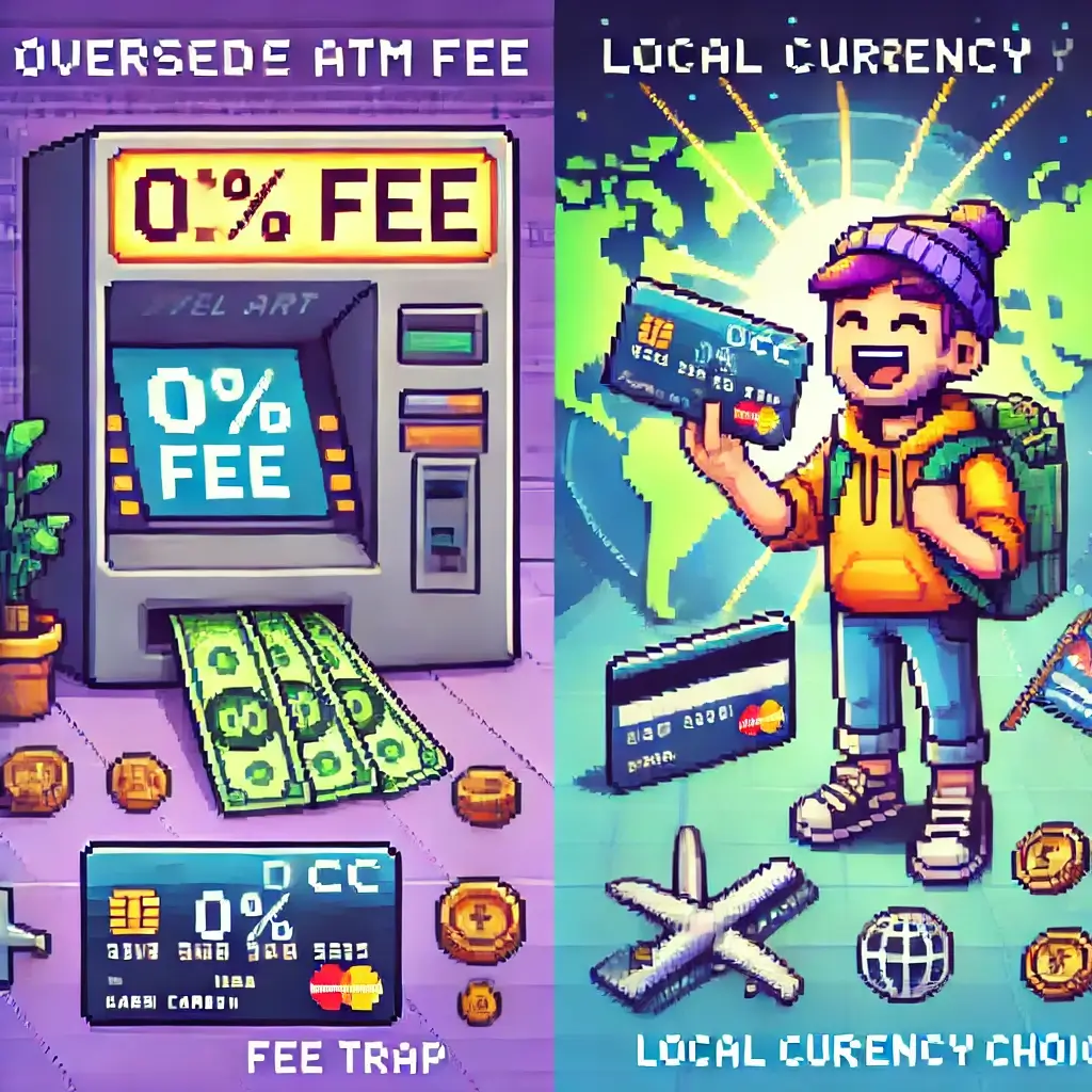 해외 ATM에서 “0% 수수료” 표시와 함께 현금을 인출하며 기뻐하는 여행자의 픽셀 아트.