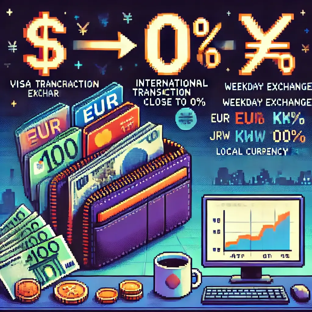 픽셀 아트 흐름도: Visa 계산기 → 평일 환전 → 현지통화 결제 → ATM 주의 → 빛나는 0%, 수수료 절감 단계를 상징. 멀티통화 계좌 국제결제 수수료 0%