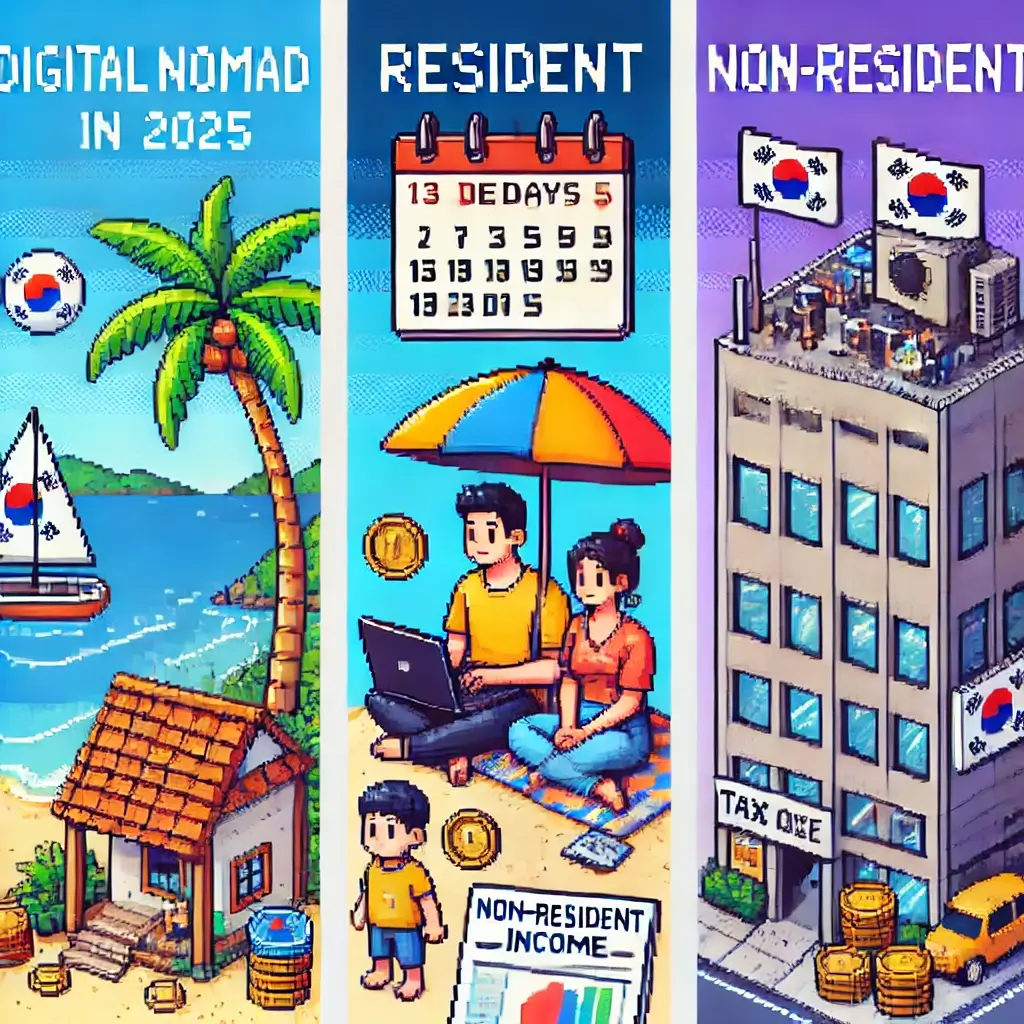 노트북을 든 디지털 노마드가 야자수 아래 앉아 있고, 183일 달력과 경고 표시가 있는 픽셀 아트 — 2025년 디지털 노마드 세금과 183일 기준을 상징.