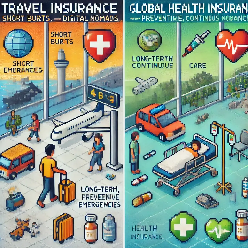 공항에서 넘어지는 디지털 노마드와 응급 보장을 상징하는 빨간 여행보험 방패 픽셀 아트. 키워드: 여행보험, 디지털 노마드, 면책금. 디지털 노마드 전용 글로벌 건강보험 vs 여행보험