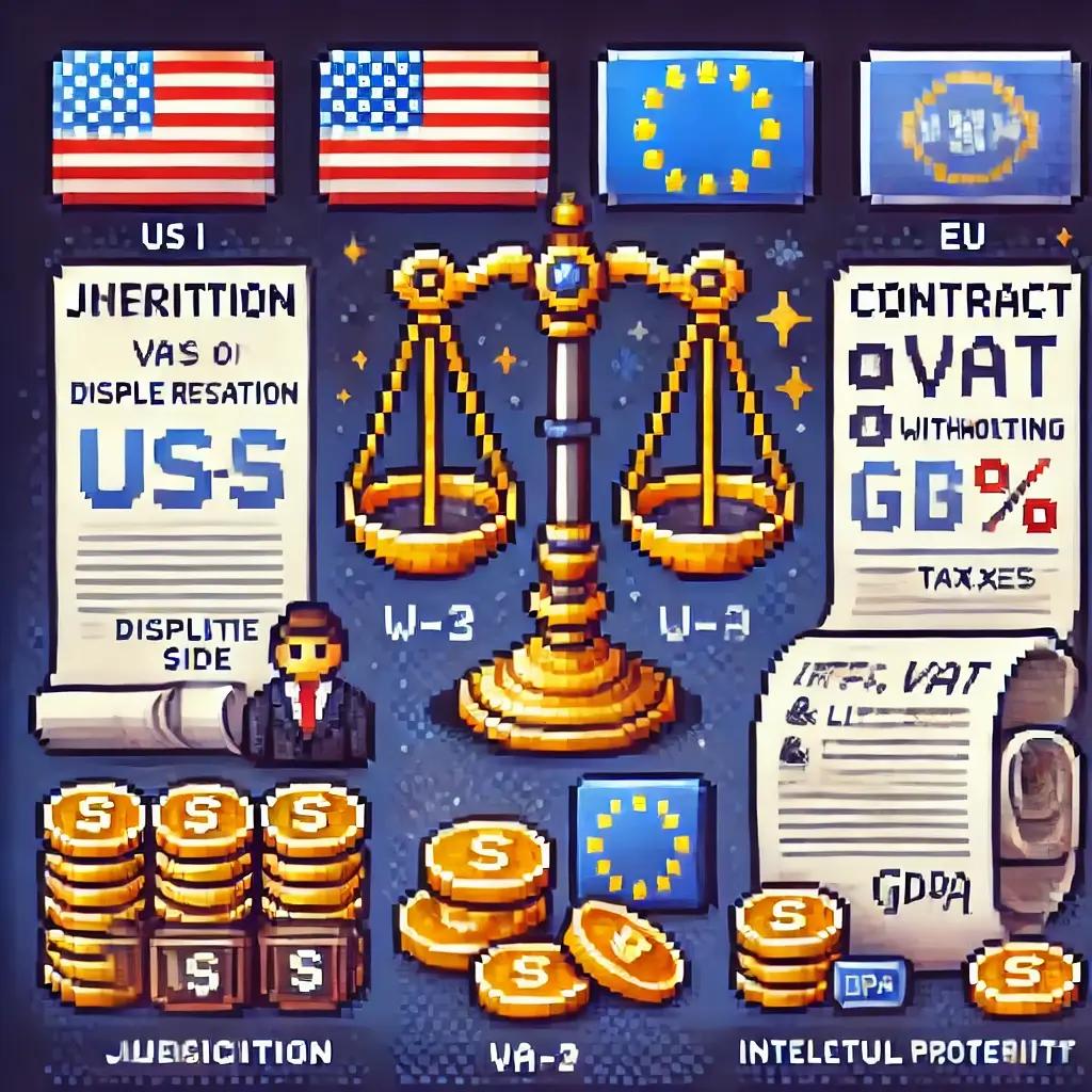 픽셀 아트 저울 위에 미국·EU 깃발이 걸려 있는 모습으로, 국제 계약의 관할 조항과 분쟁 해결을 상징함. 키워드: 관할 조항, 미국 EU 클라이언트 계약서 템플릿. 미국·EU 클라이언트용 계약서 템플릿