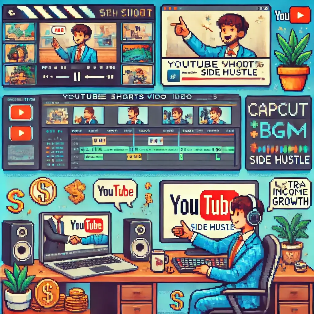픽셀 아트로 그린 프리랜서가 노트북에서 캡컷으로 유튜브 쇼츠를 편집하는 모습, 자막과 BGM, 타임라인이 보이며 영상 편집 부업과 추가 수입을 상징. 월급 외 수입 보장! 유튜브 쇼츠 영상 편집 부업으로 한 달에 100만원 버는 3가지 비법!