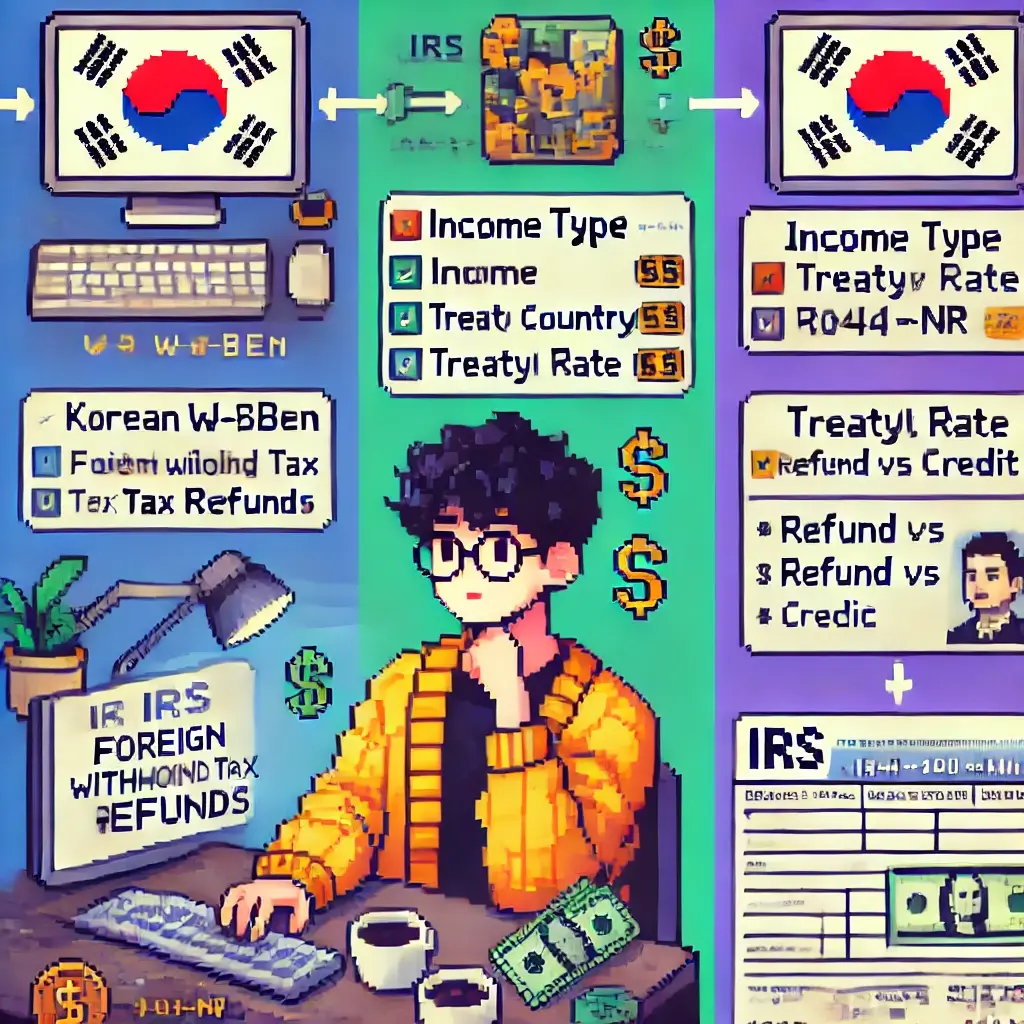 커피와 함께 책상에 앉아 W-8BEN과 1042-S 문서를 확인하는 한국인 프리랜서 픽셀 아트 – “한국인 프리랜서 해외 원천징수 환급”을 상징. 한국인 프리랜서 해외 원천징수 환급