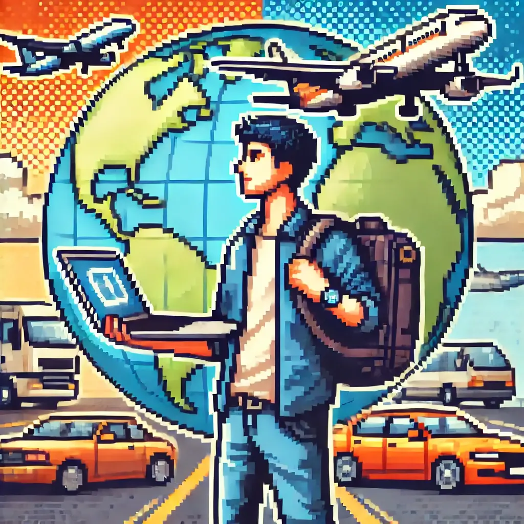 지구본 앞에서 노트북과 운전대를 든 디지털 노마드 픽셀 아트, 자동차와 비행기가 함께 표현되어 디지털노마드의 자유와 해외운전을 상징. 키워드: 디지털노마드, 해외운전, 국제운전면허증.